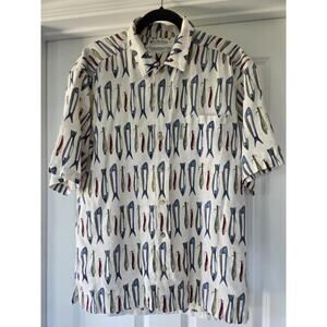 Columbia Sportswear Fishing Lure Shirt Mens Medium Rayon Linen Blend Fish Print